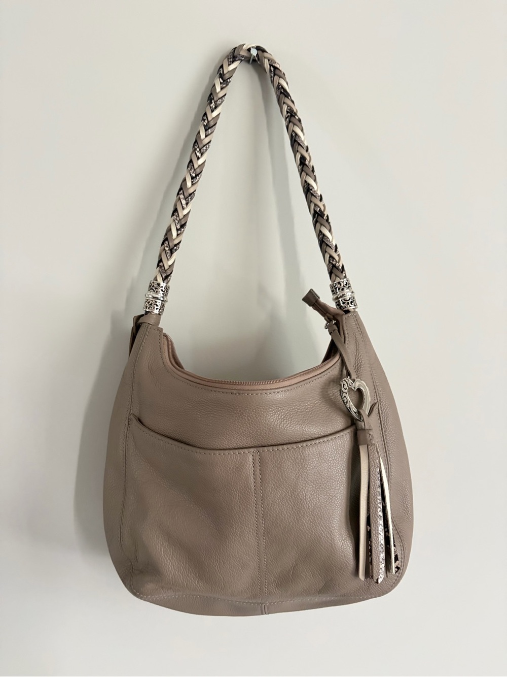 Brighton Barbados Ziptop Leather Hobo with Braided Strap and Tassel